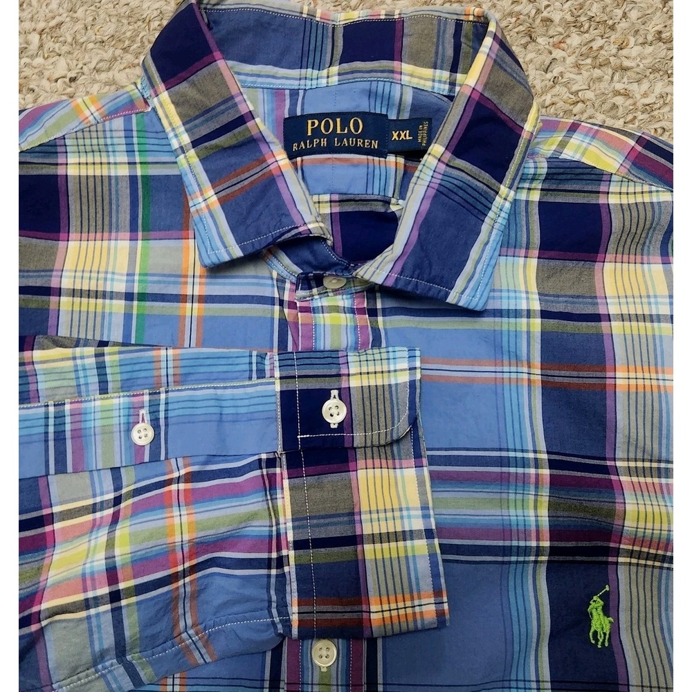 Polo Ralph Lauren Men's XXL Bold Blue Plaid Long Sleeve Button Lime Pony Cotton